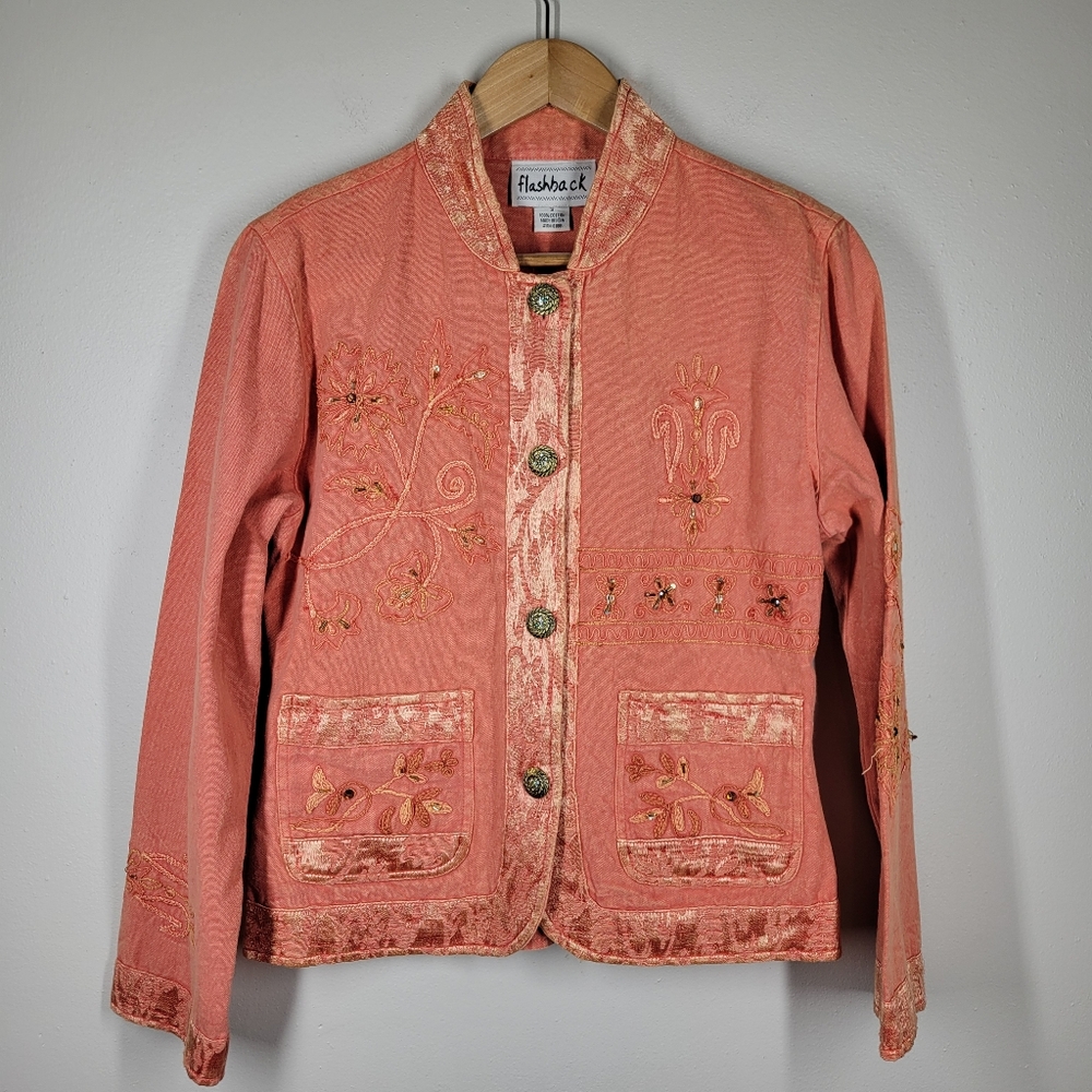 Vintage Y2K Flashback Orange Floral Embroidered Beaded Button Up Jacket Small